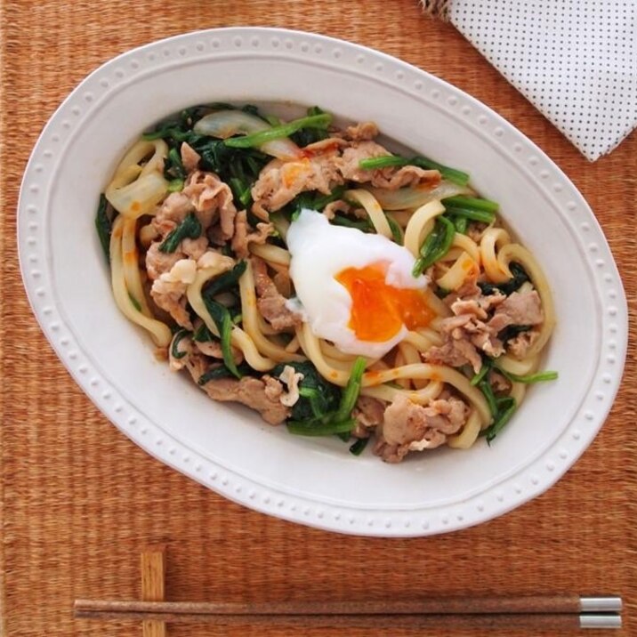 豚肉とほうれん草のラー油うどん